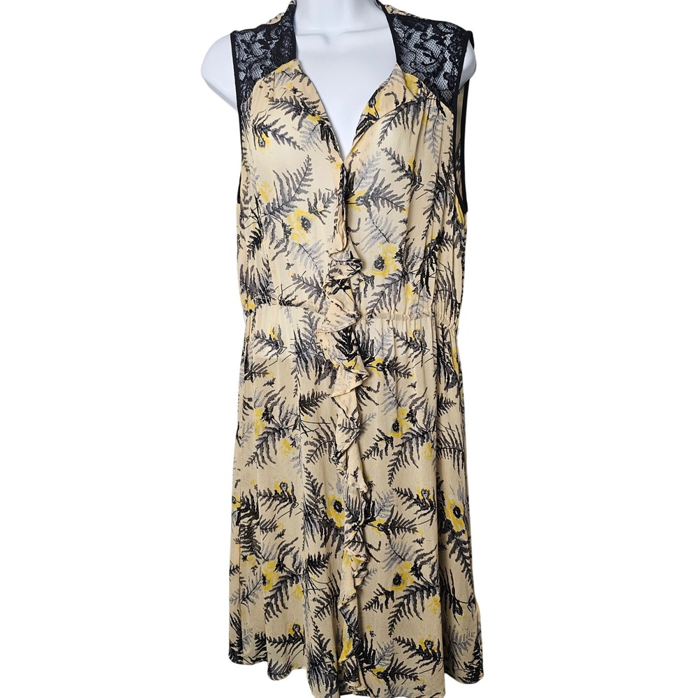 Anthropologie Lil 100% Silk Botanical Fern Ruffle Lace Midi Dress Cream‎ 10